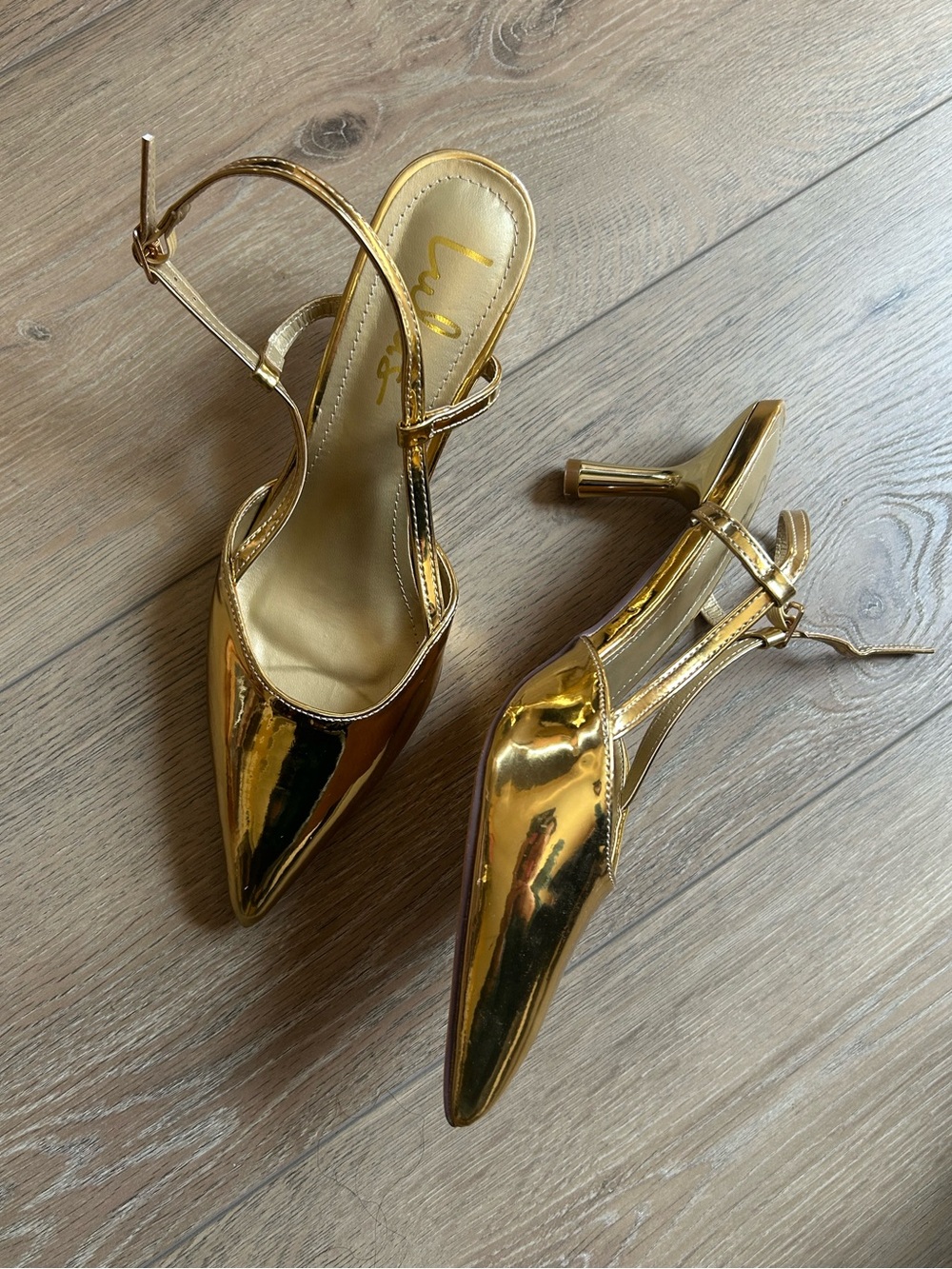 Narcissa Gold Patent Pointed-Toe Slingback Kitten Heel Pumps